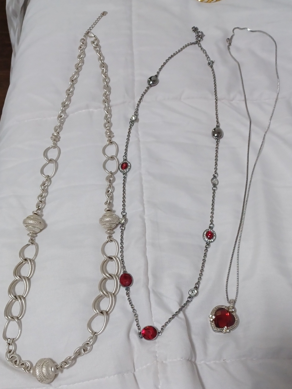 3 Silver-Tone necklaces  Red Heart , Red Gem , Silver Necklace - Women Jewelry